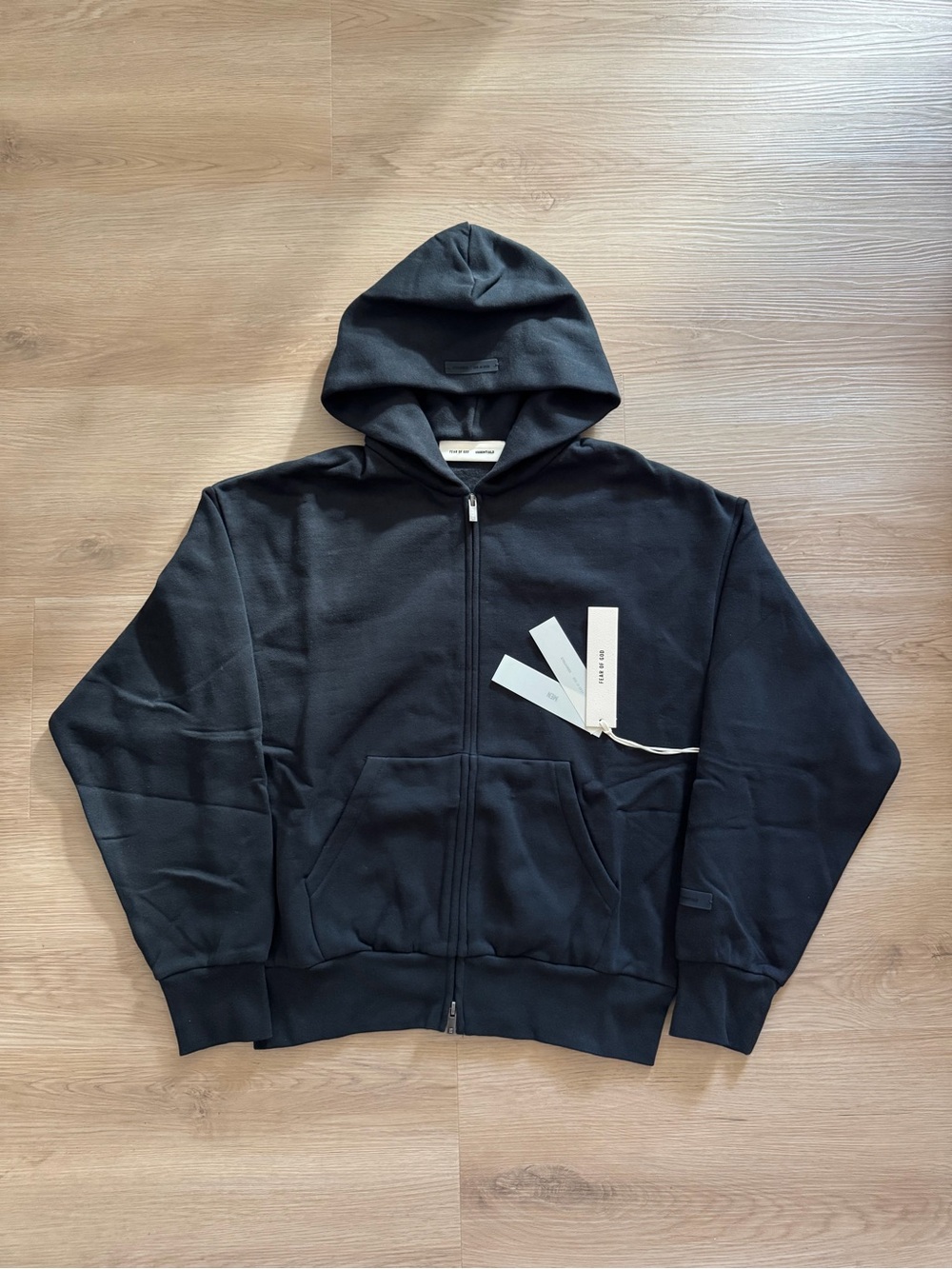 Fear of God ESSENTIALS New SS25 Version Zip Up Hoodie in Black with White Logo - Picture 2 of 8